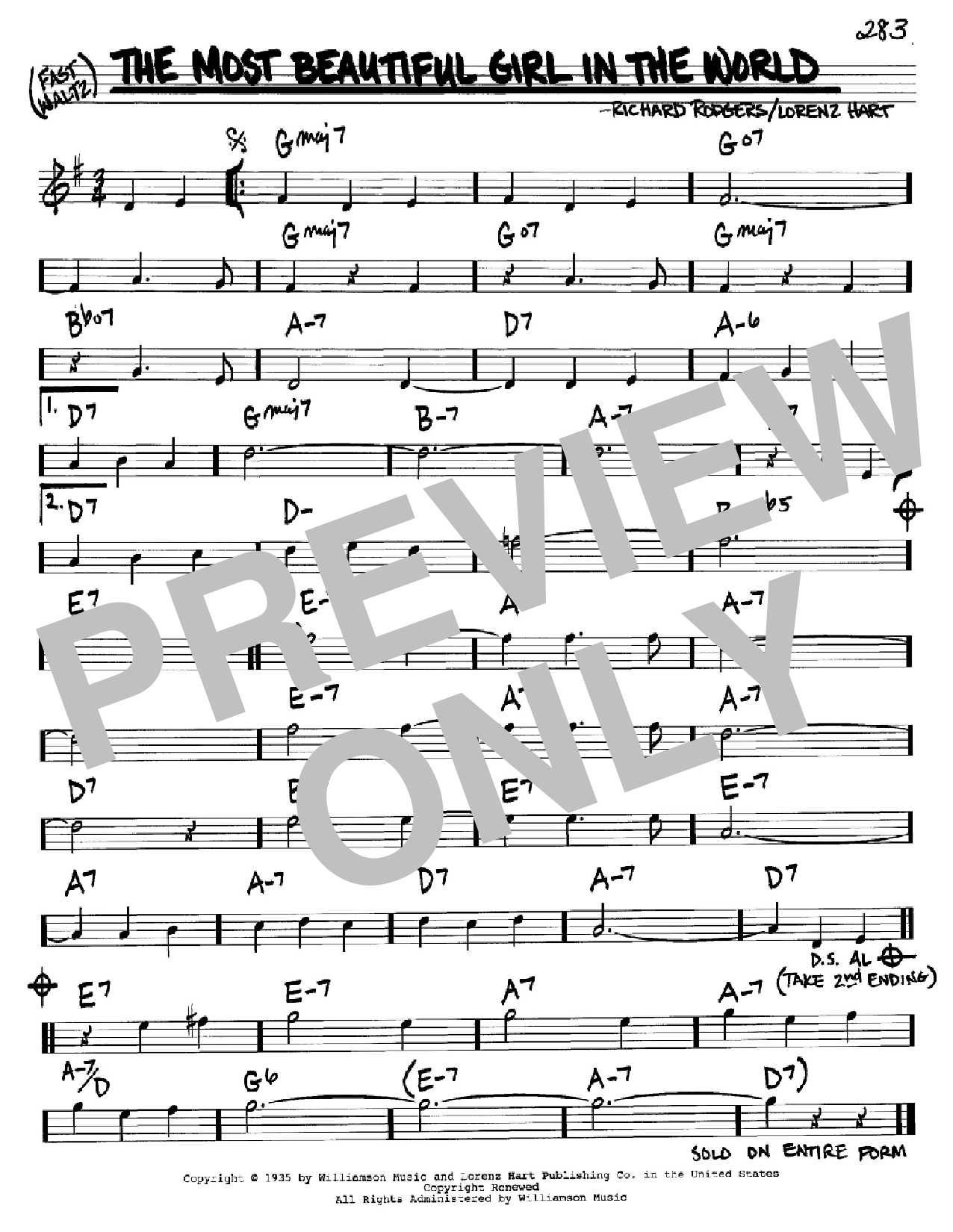 Download Rodgers & Hart The Most Beautiful Girl In The World Sheet Music and learn how to play Real Book - Melody & Chords - Bb Instruments PDF digital score in minutes