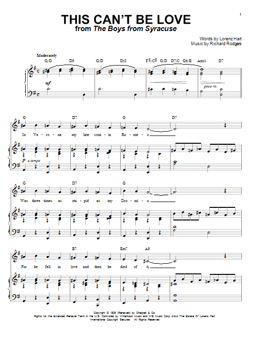 Download Rodgers & Hart This Can't Be Love Sheet Music and learn how to play Piano, Vocal & Guitar (Right-Hand Melody) PDF digital score in minutes