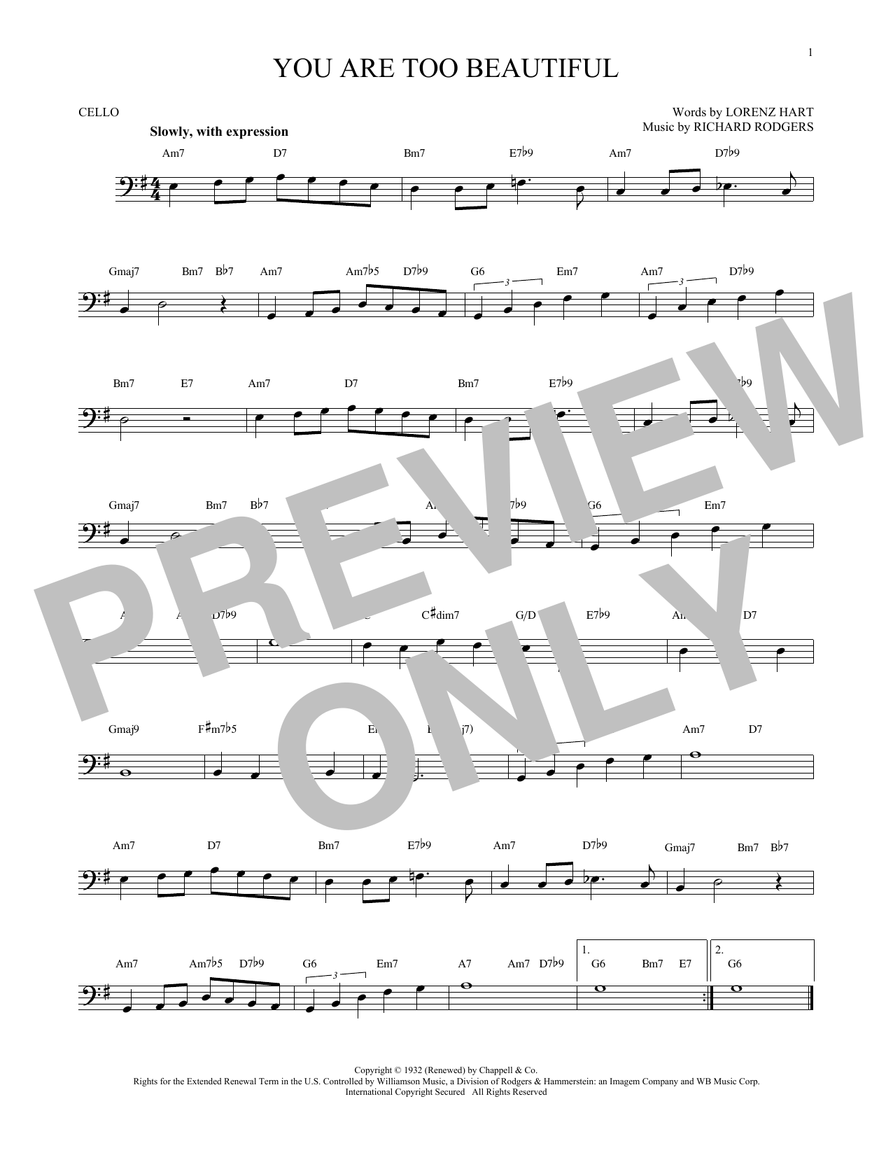 Download Rodgers & Hart You Are Too Beautiful Sheet Music and learn how to play Cello PDF digital score in minutes