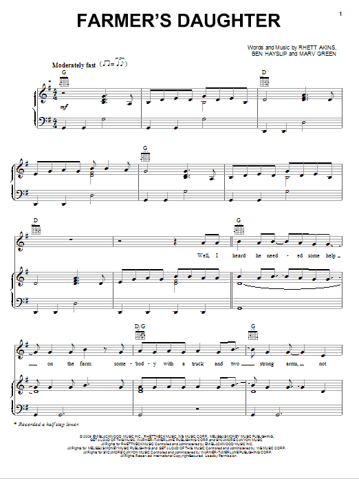 Download Rodney Atkins Farmer's Daughter Sheet Music and learn how to play Lyrics & Chords PDF digital score in minutes