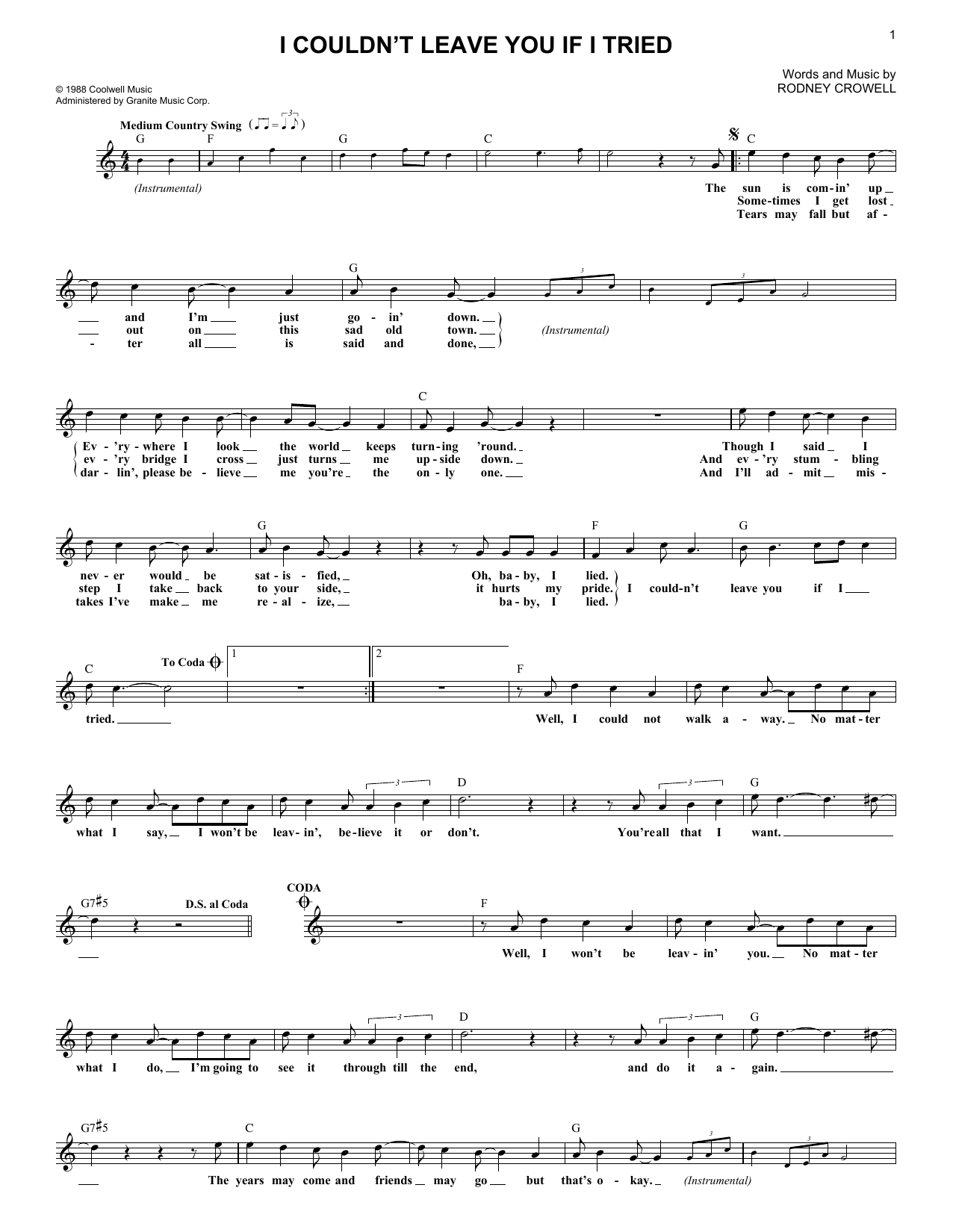 Download Rodney Crowell I Couldn't Leave You If I Tried Sheet Music and learn how to play Real Book – Melody, Lyrics & Chords PDF digital score in minutes