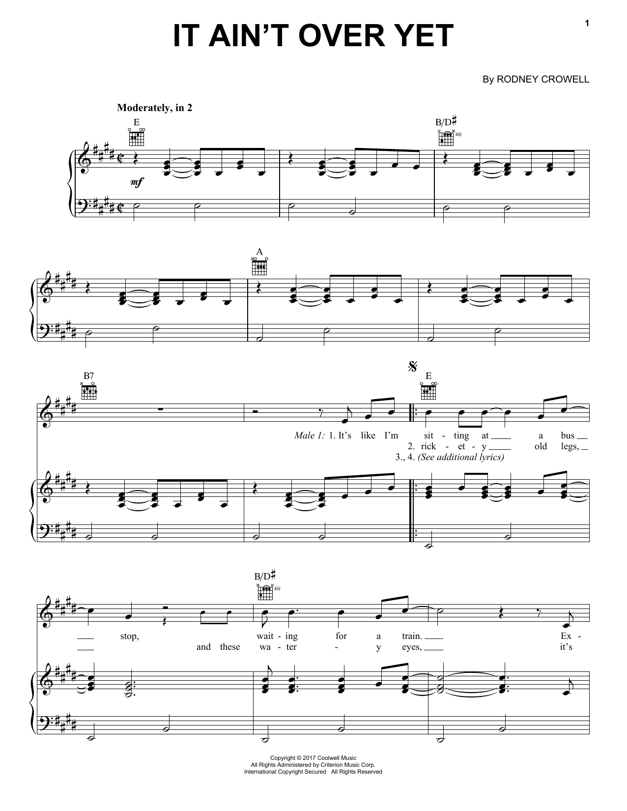 Download Rodney Crowell It Ain't Over Yet Sheet Music and learn how to play Piano, Vocal & Guitar Chords (Right-Hand Melody) PDF digital score in minutes