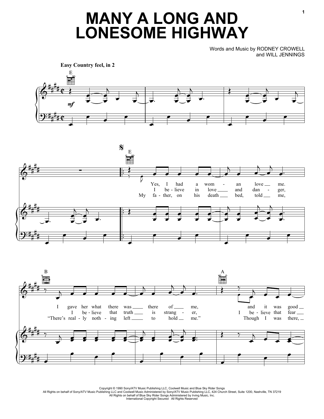 Download Rodney Crowell Many A Long And Lonesome Highway Sheet Music and learn how to play Piano, Vocal & Guitar Chords (Right-Hand Melody) PDF digital score in minutes
