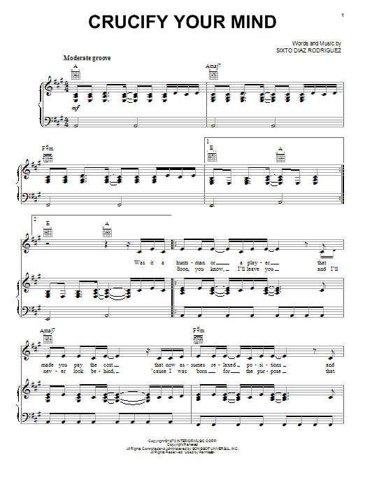 Download Rodriguez Crucify Your Mind Sheet Music and learn how to play Piano, Vocal & Guitar (Right-Hand Melody) PDF digital score in minutes