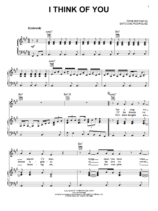 Download Rodriguez I Think Of You Sheet Music and learn how to play Piano, Vocal & Guitar (Right-Hand Melody) PDF digital score in minutes