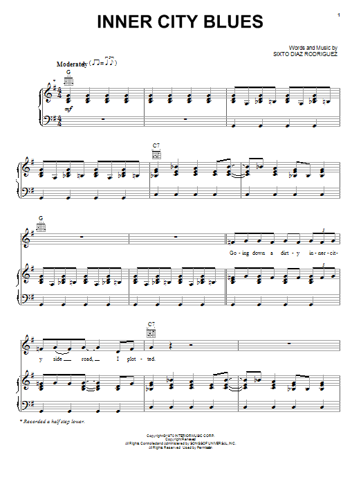 Download Rodriguez Inner City Blues Sheet Music and learn how to play Piano, Vocal & Guitar (Right-Hand Melody) PDF digital score in minutes