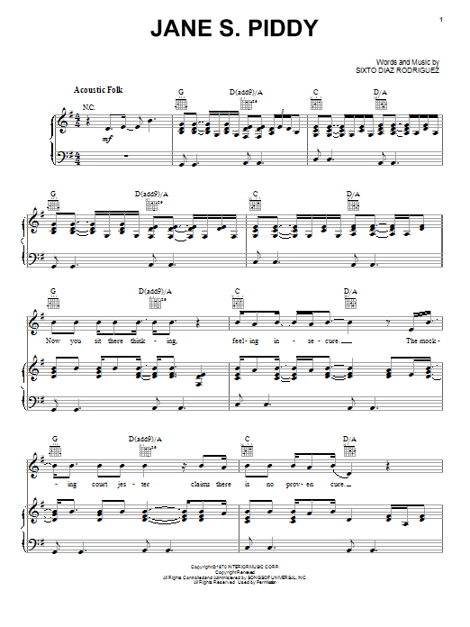 Download Rodriguez Jane S. Piddy Sheet Music and learn how to play Piano, Vocal & Guitar (Right-Hand Melody) PDF digital score in minutes