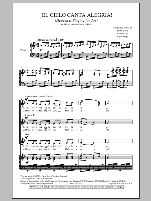 Download Roger Bergs El Cielo Canta Alegria! (Heaven Is Singing For Joy!) Sheet Music and learn how to play SSA PDF digital score in minutes