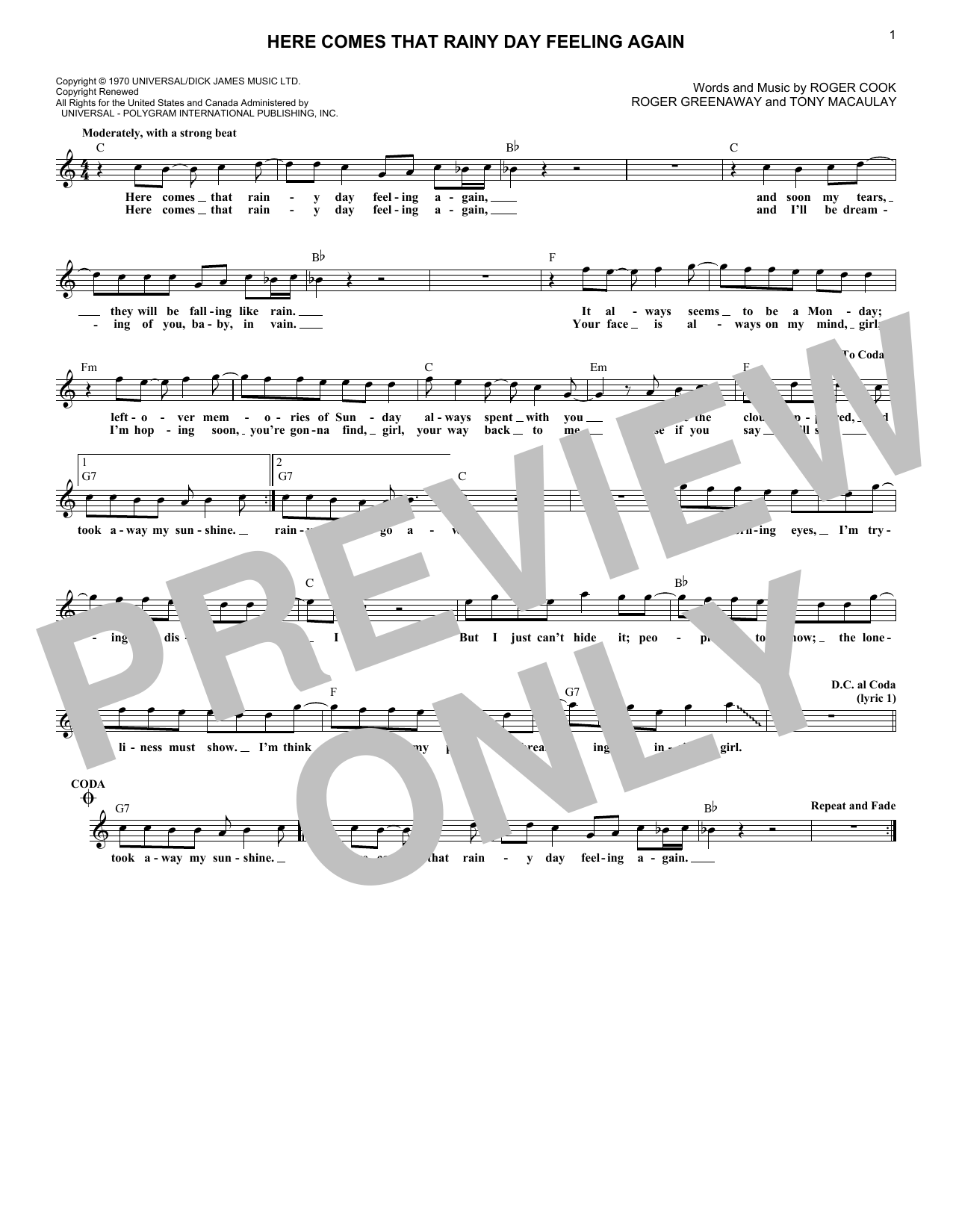 Download Roger Cook Here Comes That Rainy Day Feeling Again Sheet Music and learn how to play Melody Line, Lyrics & Chords PDF digital score in minutes