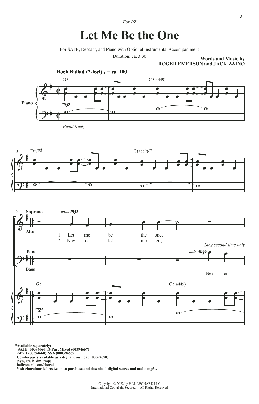 Download Roger Emerson & Jack Zaino Let Me Be The One Sheet Music and learn how to play SAB Choir PDF digital score in minutes