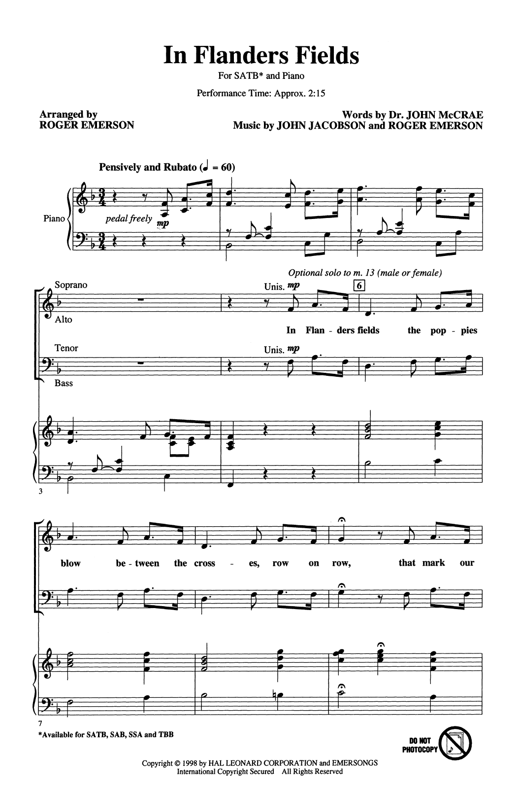 Download Roger Emerson In Flanders Fields Sheet Music and learn how to play 2-Part Choir PDF digital score in minutes