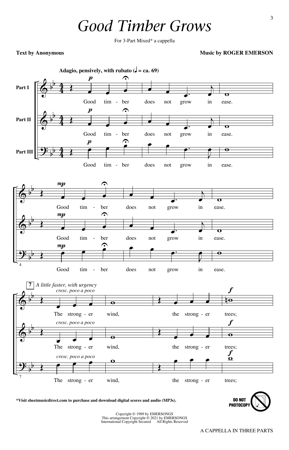 Download Roger Emerson A Cappella in Three Parts (Concert Collection) Sheet Music and learn how to play 3-Part Mixed Choir PDF digital score in minutes