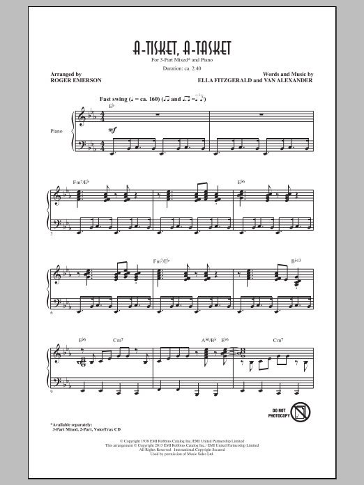 Download Ella Fitzgerald A-Tisket, A-Tasket (arr. Roger Emerson) Sheet Music and learn how to play 3-Part Mixed PDF digital score in minutes