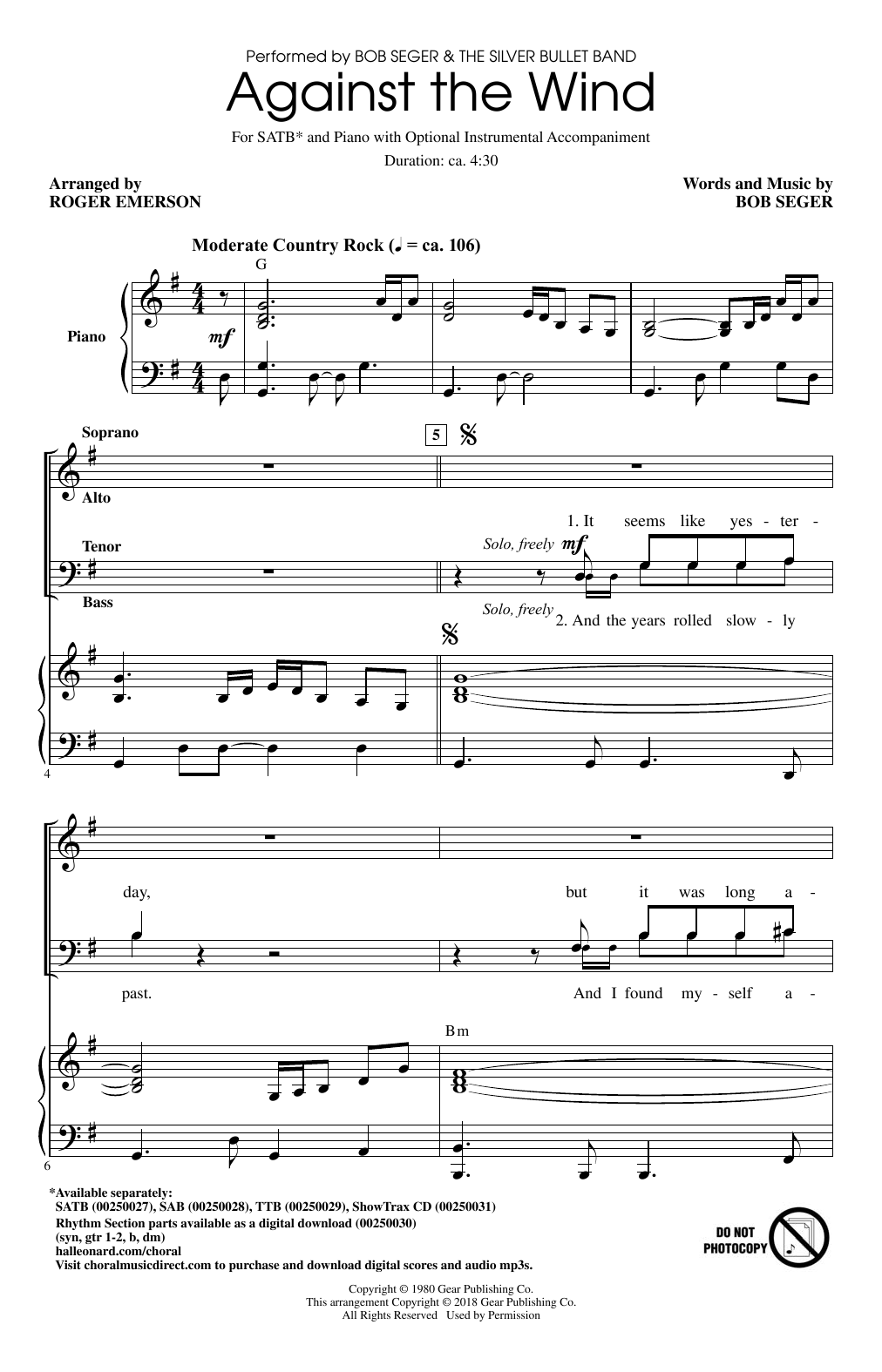 Download Roger Emerson Against The Wind Sheet Music and learn how to play TTBB PDF digital score in minutes