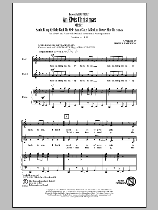 Download Elvis Presley An Elvis Christmas (arr. Roger Emerson) Sheet Music and learn how to play 2-Part Choir PDF digital score in minutes
