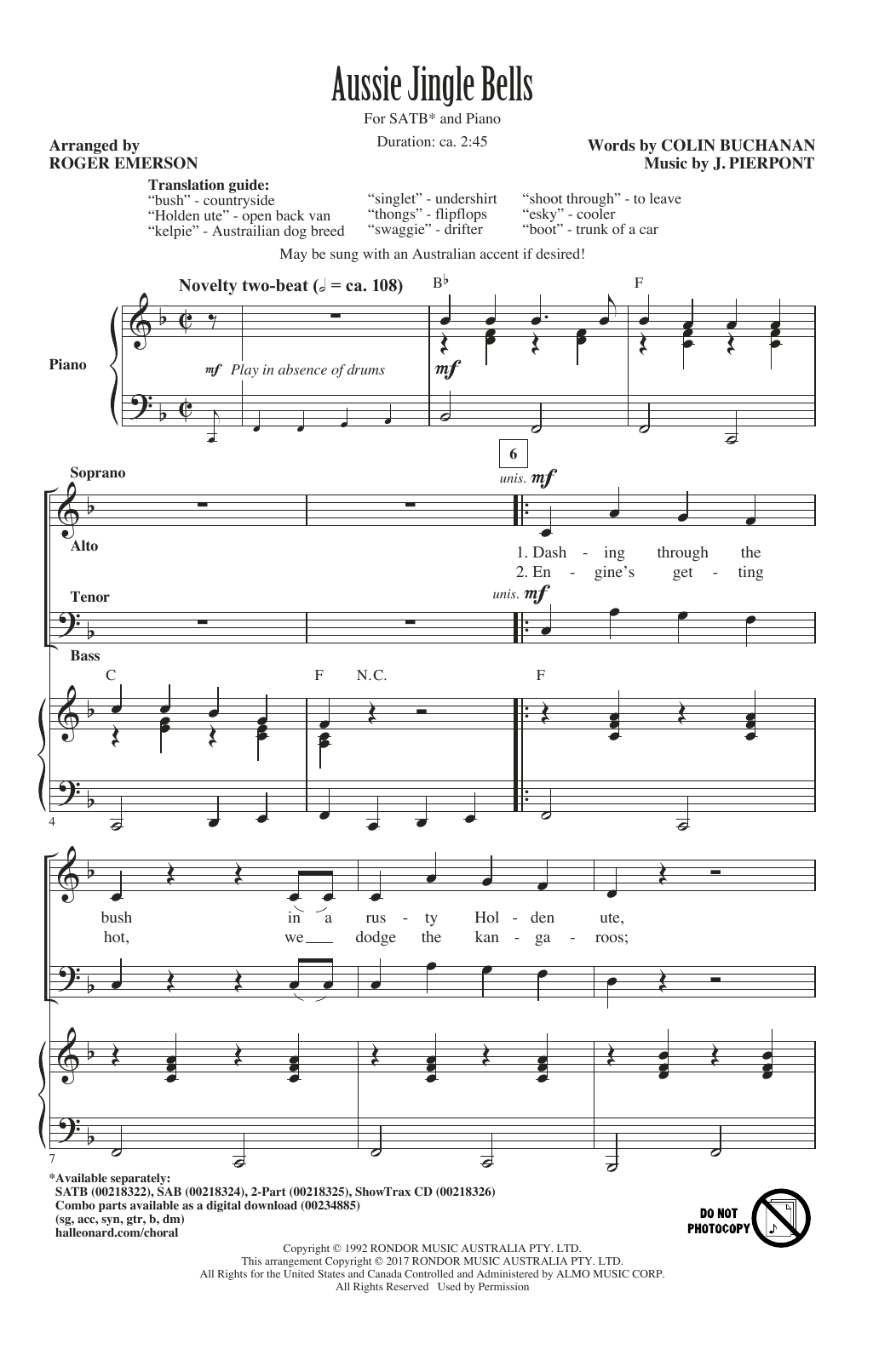 Download Roger Emerson Aussie Jingle Bells Sheet Music and learn how to play SATB PDF digital score in minutes