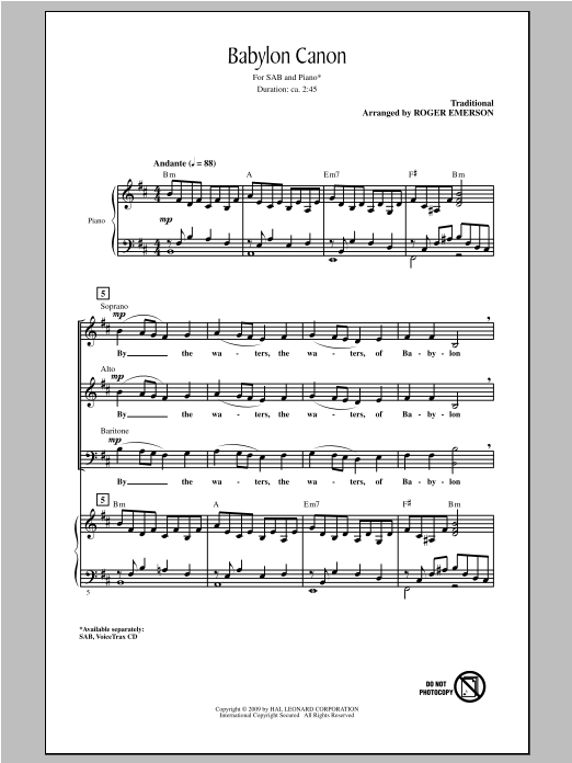 Download Traditional Babylon Canon (arr. Roger Emerson) Sheet Music and learn how to play SAB PDF digital score in minutes