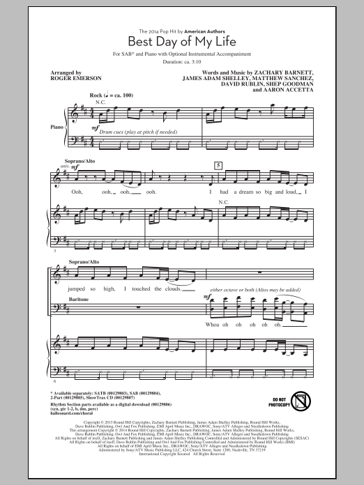 Download American Authors Best Day Of My Life (arr. Roger Emerson) Sheet Music and learn how to play SAB PDF digital score in minutes