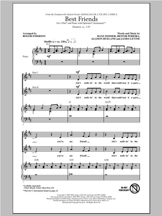 Download Roger Emerson Best Friends (from Madagascar 2: Escape 2 Africa) Sheet Music and learn how to play 3-Part Mixed PDF digital score in minutes