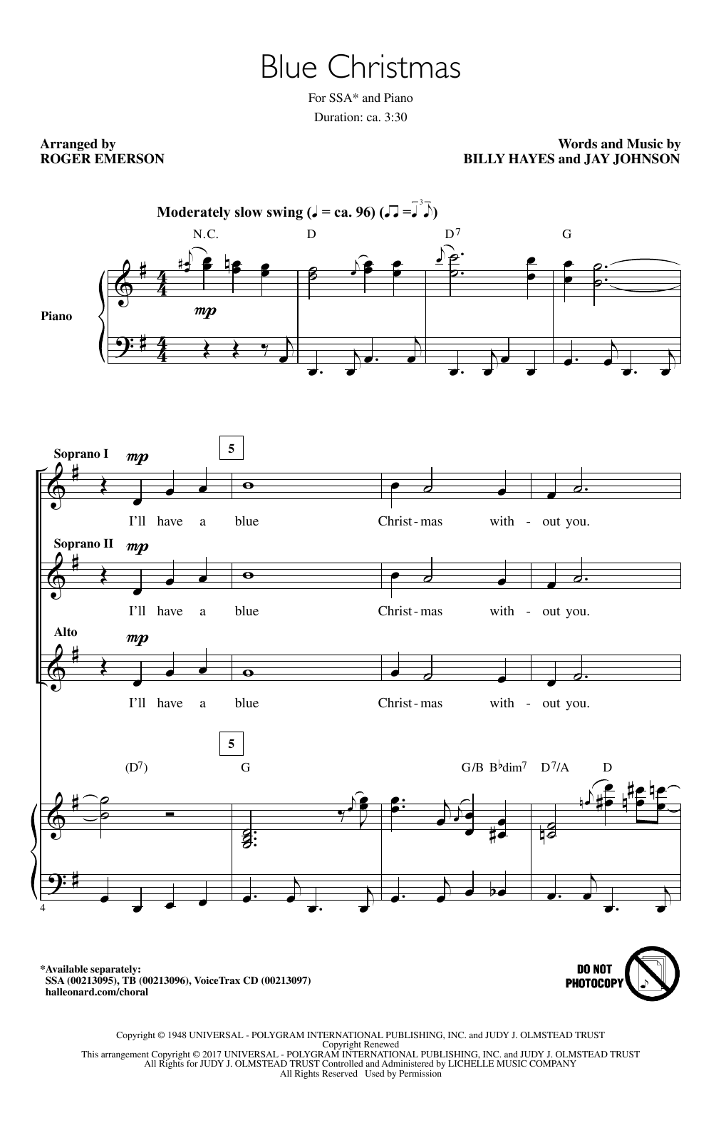 Download Roger Emerson Blue Christmas Sheet Music and learn how to play TB PDF digital score in minutes