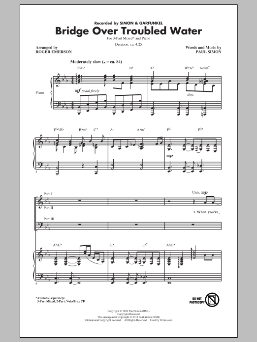 Download Roger Emerson Bridge Over Troubled Water Sheet Music and learn how to play 3-Part Mixed PDF digital score in minutes
