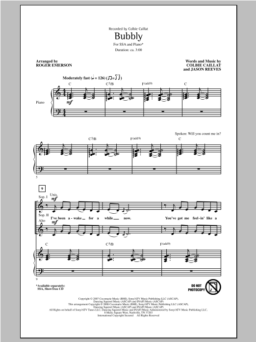 Download Colbie Caillat Bubbly (arr. Roger Emerson) Sheet Music and learn how to play SSA PDF digital score in minutes