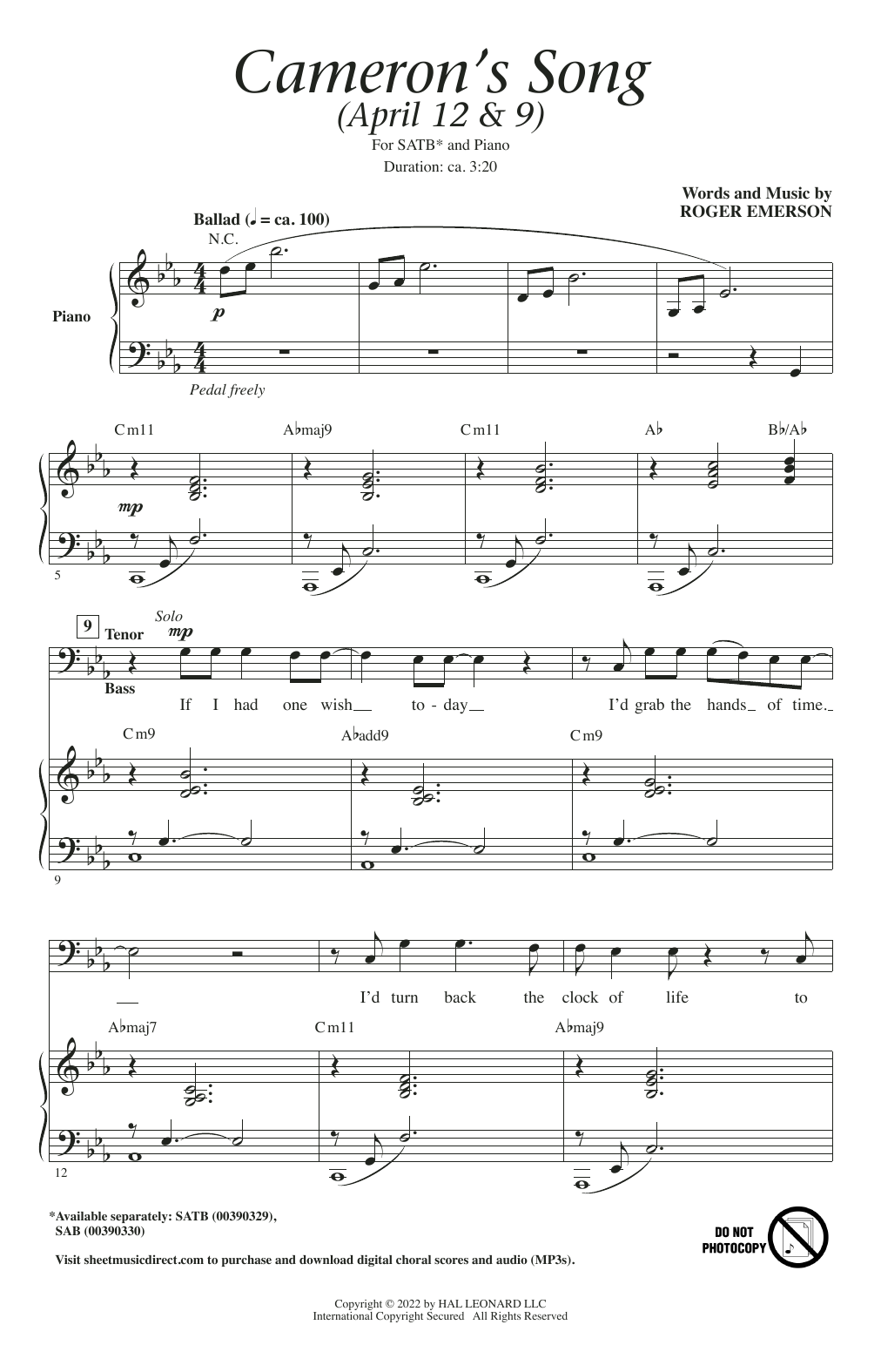 Download Roger Emerson Cameron's Song Sheet Music and learn how to play SAB Choir PDF digital score in minutes