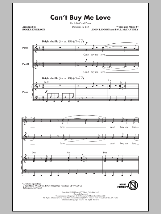 Download Roger Emerson Can't Buy Me Love Sheet Music and learn how to play 3-Part Mixed PDF digital score in minutes