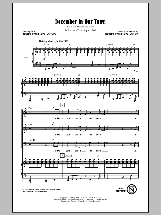 Download Roger Emerson December In Our Town Sheet Music and learn how to play 3-Part Mixed PDF digital score in minutes