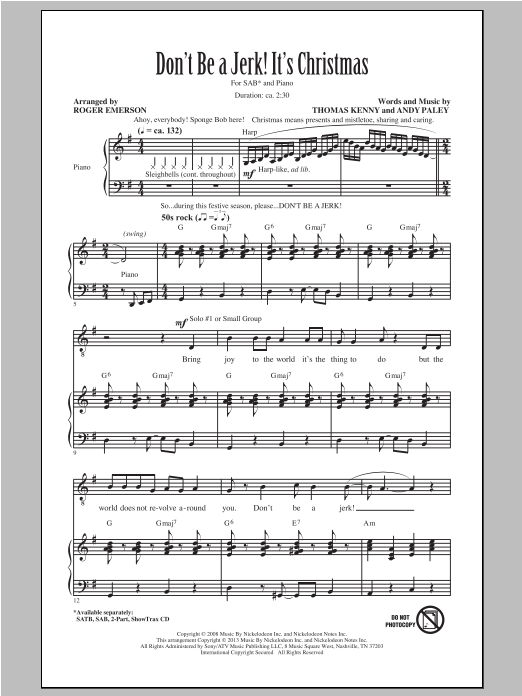 Download SpongeBob SquarePants Don't Be A Jerk It's Christmas (arr. Roger Emerson) Sheet Music and learn how to play 2-Part Choir PDF digital score in minutes