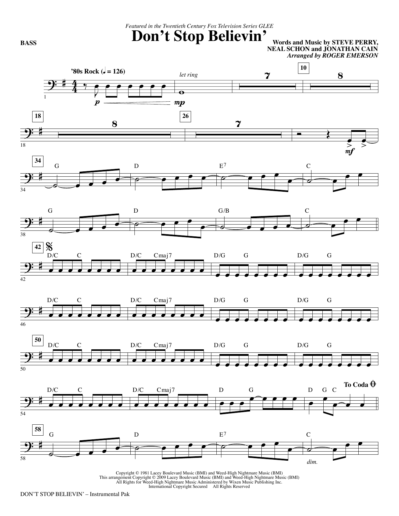 Download Roger Emerson Don't Stop Believin' - Bass Sheet Music and learn how to play Choir Instrumental Pak PDF digital score in minutes