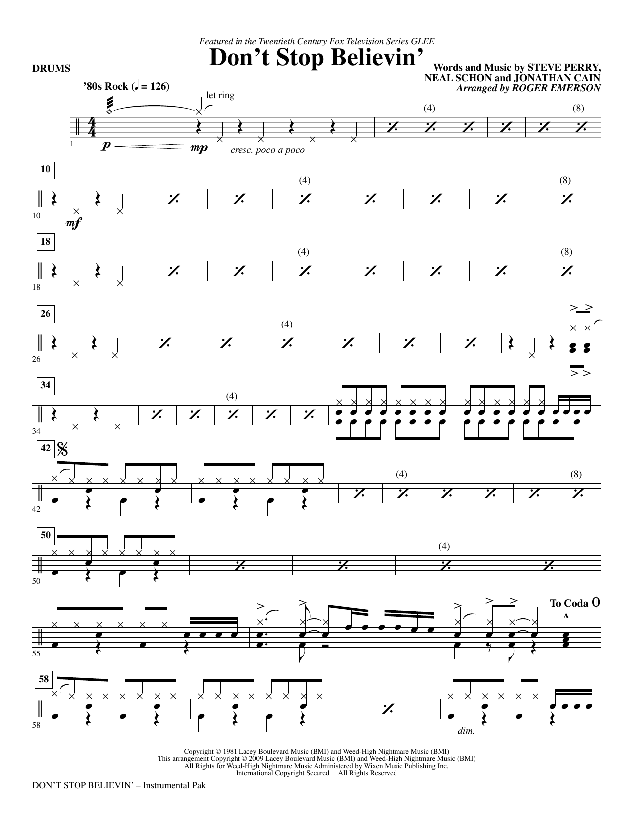 Download Roger Emerson Don't Stop Believin' - Drums Sheet Music and learn how to play Choir Instrumental Pak PDF digital score in minutes