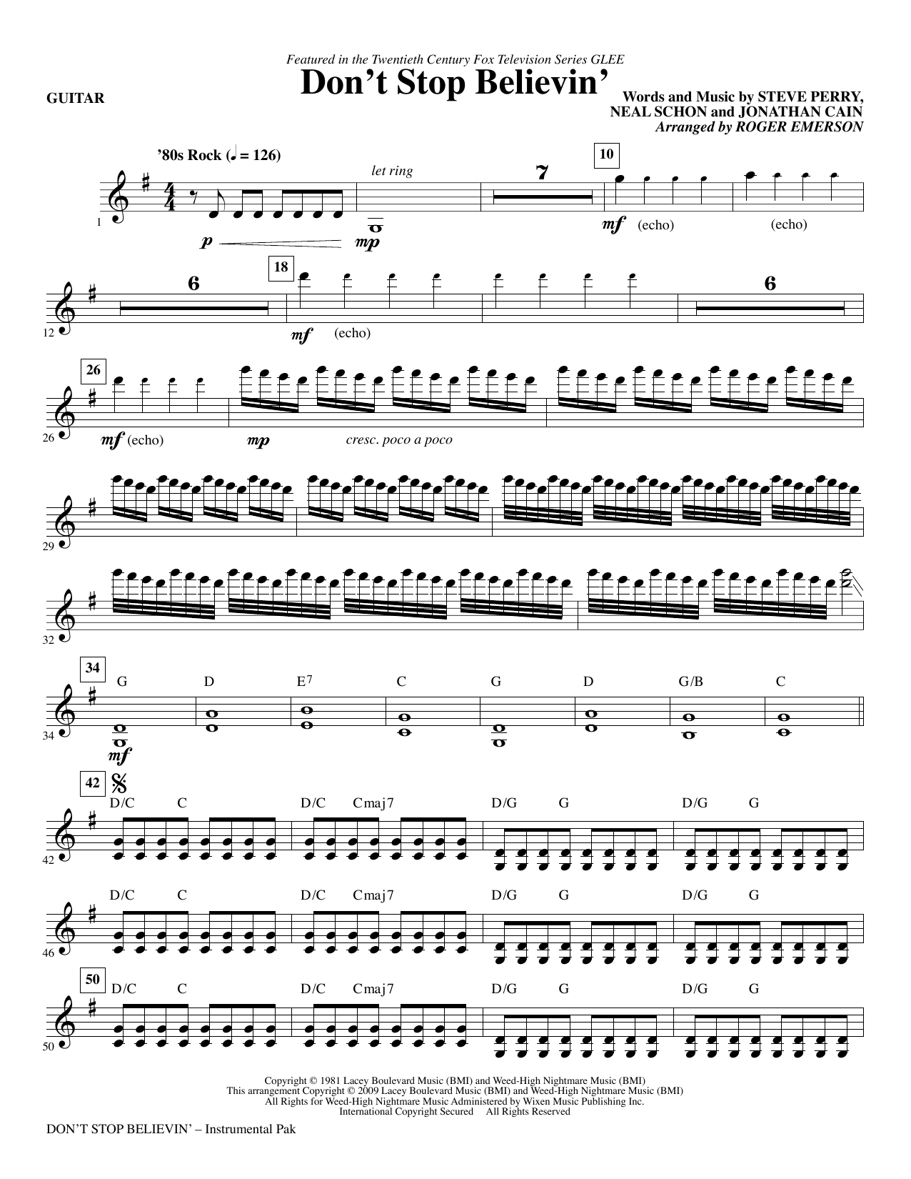 Download Roger Emerson Don't Stop Believin' - Guitar Sheet Music and learn how to play Choir Instrumental Pak PDF digital score in minutes