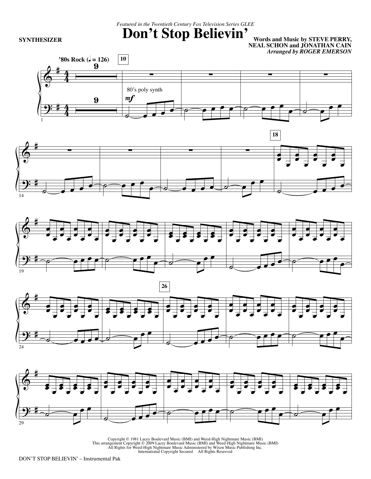 Download Roger Emerson Don't Stop Believin' - Synthesizer Sheet Music and learn how to play Choir Instrumental Pak PDF digital score in minutes