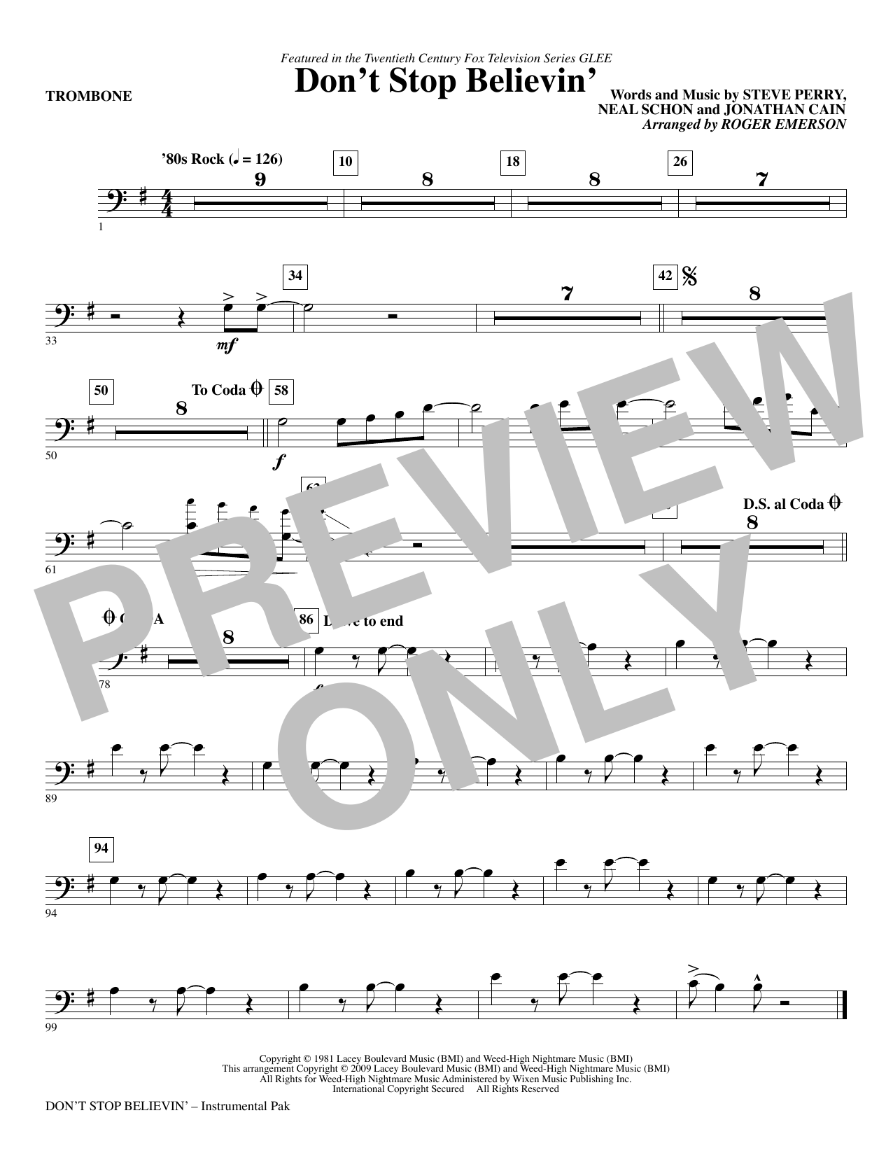 Download Roger Emerson Don't Stop Believin' - Trombone Sheet Music and learn how to play Choir Instrumental Pak PDF digital score in minutes