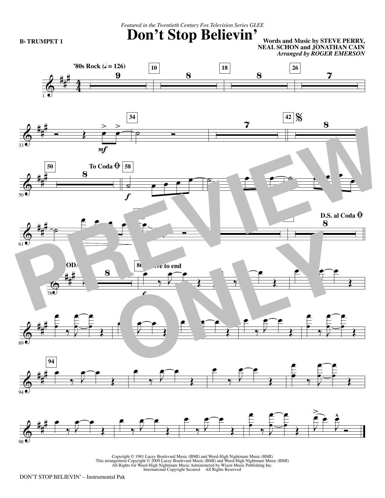 Download Roger Emerson Don't Stop Believin' - Trumpet 1 Sheet Music and learn how to play Choir Instrumental Pak PDF digital score in minutes