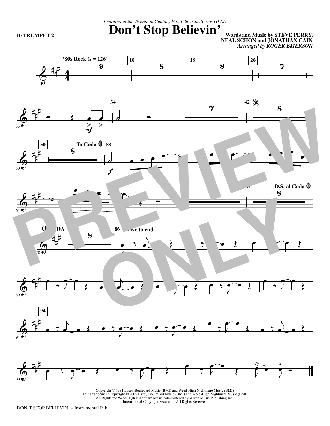 Download Roger Emerson Don't Stop Believin' - Trumpet 2 Sheet Music and learn how to play Choir Instrumental Pak PDF digital score in minutes