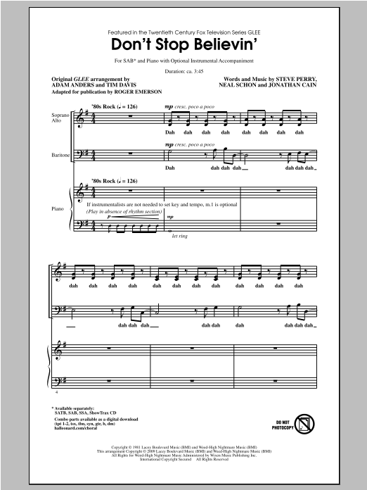 Download Journey Don't Stop Believin' (arr. Roger Emerson) Sheet Music and learn how to play SAB PDF digital score in minutes