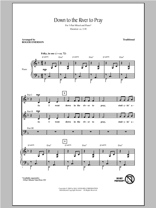 Download Traditional Spiritual Down To The River To Pray (arr. Roger Emerson) Sheet Music and learn how to play 3-Part Mixed PDF digital score in minutes