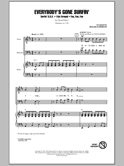 Download Roger Emerson Everybody's Gone Surfin' Sheet Music and learn how to play TB Choir PDF digital score in minutes