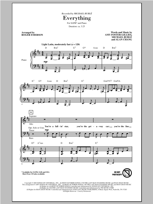 Download Michael Buble Everything (arr. Roger Emerson) Sheet Music and learn how to play SSA PDF digital score in minutes