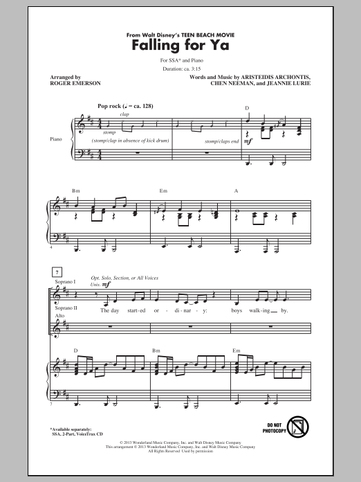 Download Grace Phipps Falling For Ya (from Teen Beach Movie) (arr. Roger Emerson) Sheet Music and learn how to play SSA PDF digital score in minutes