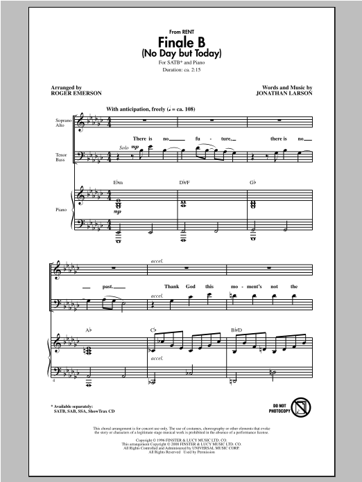 Download Jonathan Larson Finale B (No Day But Today) (arr. Roger Emerson) Sheet Music and learn how to play SAB PDF digital score in minutes