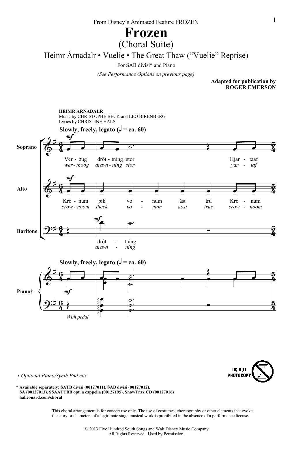 Download Roger Emerson Frozen (Choral Suite) Sheet Music and learn how to play SAB PDF digital score in minutes