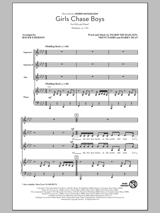 Download Ingrid Michaelson Girls Chase Boys (arr. Roger Emerson) Sheet Music and learn how to play SSA PDF digital score in minutes