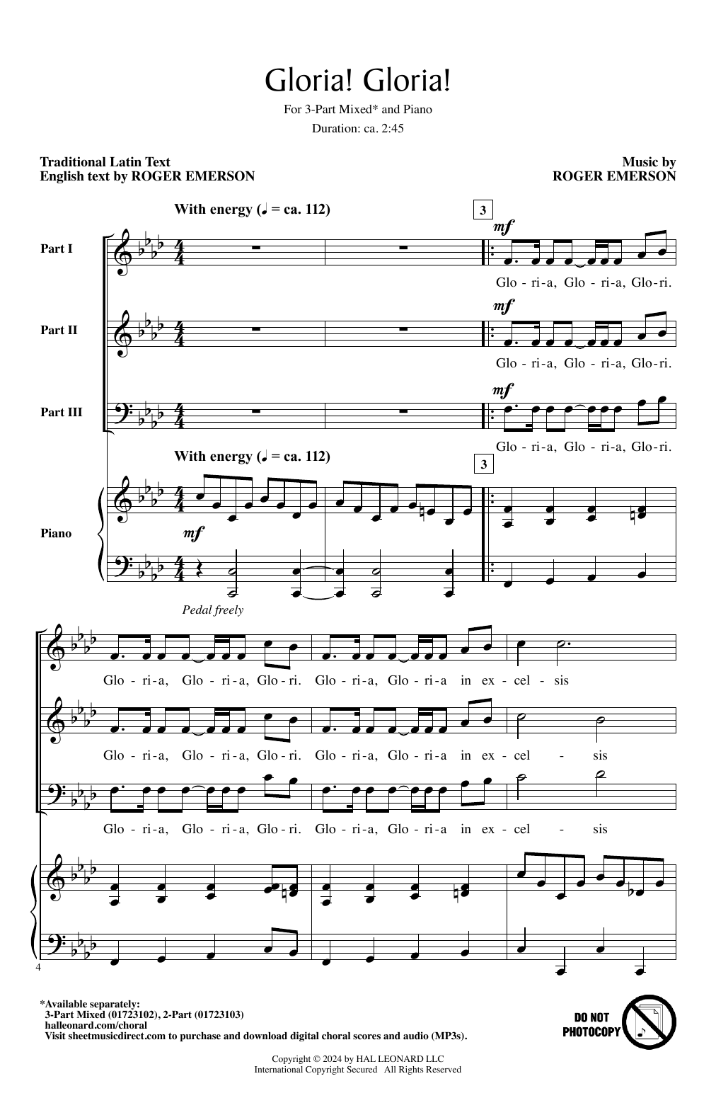 Download Roger Emerson Gloria! Gloria! Sheet Music and learn how to play 3-Part Mixed Choir PDF digital score in minutes