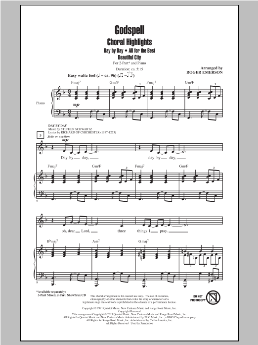 Download Stephen Schwartz Godspell (Choral Highlights) (arr. Roger Emerson) Sheet Music and learn how to play 2-Part Choir PDF digital score in minutes
