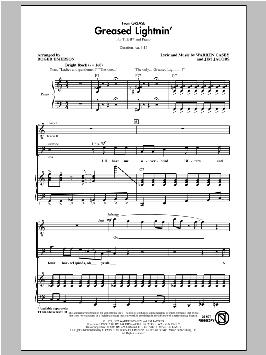 Download Roger Emerson Greased Lightnin' Sheet Music and learn how to play TTBB PDF digital score in minutes