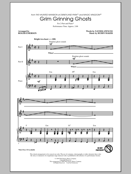 Download Buddy Baker Grim Grinning Ghosts (arr. Roger Emerson) Sheet Music and learn how to play 2-Part Choir PDF digital score in minutes