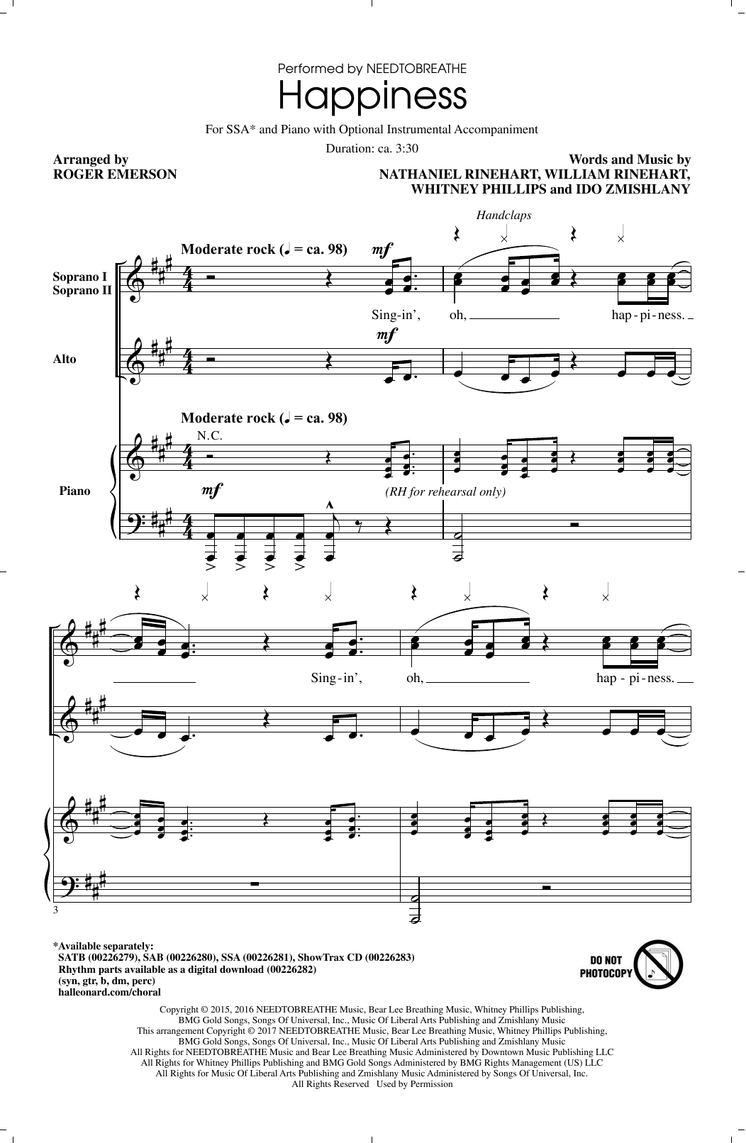 Download Roger Emerson Happiness Sheet Music and learn how to play SSA Choir PDF digital score in minutes